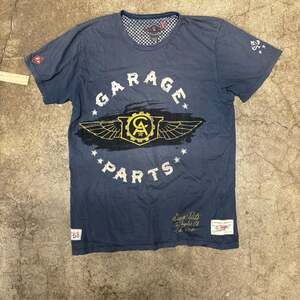 Christian Audigier Garage Parts T-Shirt Size L Blue y2kCotton Graphic